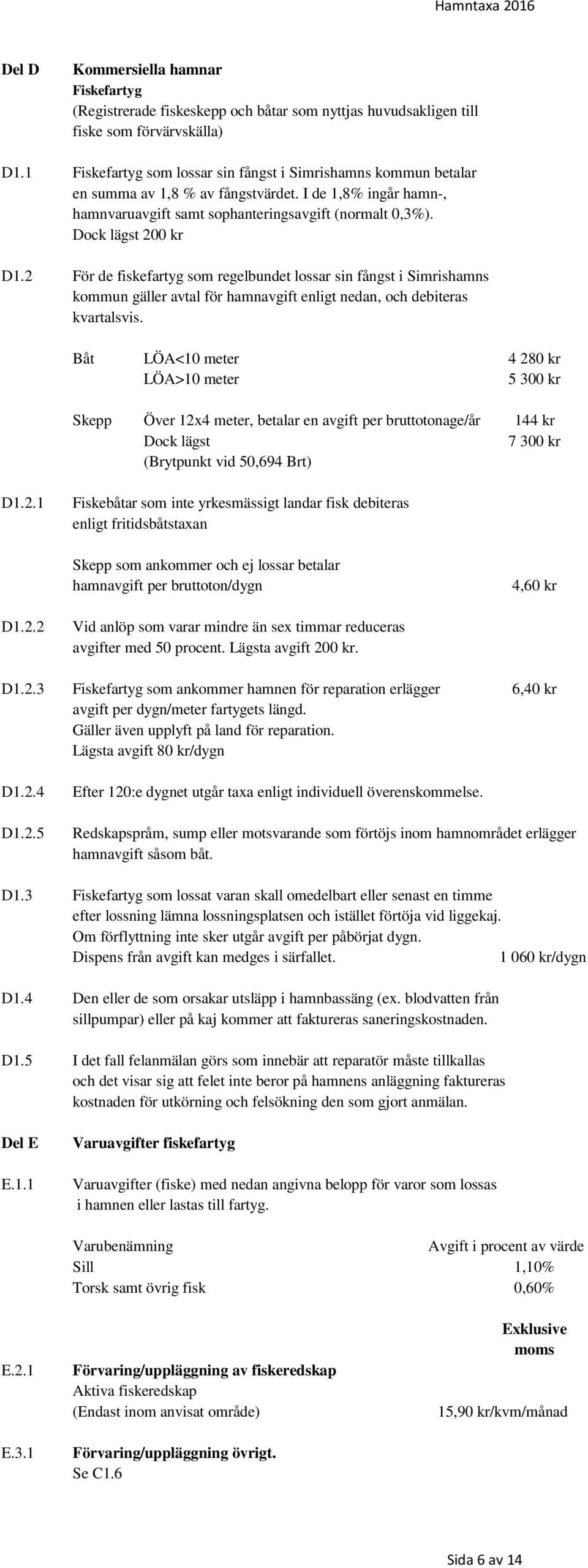 2 För de fiskefartyg som regelbundet lossar sin fångst i Simrishamns kommun gäller avtal för hamnavgift enligt nedan, och debiteras kvartalsvis.