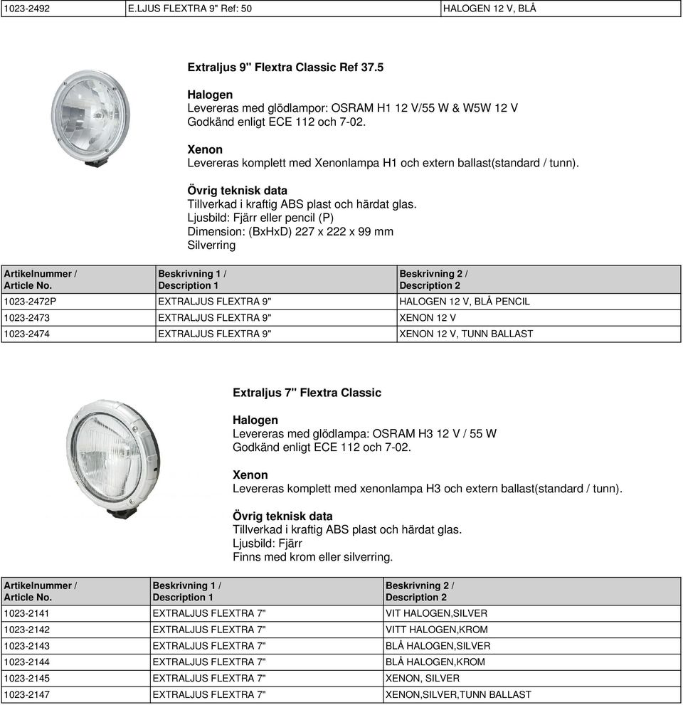 eller pencil (P) Dimension: (BxHxD) 227 x 222 x 99 mm Silverring 1023-2472P EXTRALJUS FLEXTRA 9" HALOGEN 12 V, BLÅ PENCIL 1023-2473 EXTRALJUS FLEXTRA 9" XENON 12 V 1023-2474 EXTRALJUS FLEXTRA 9"
