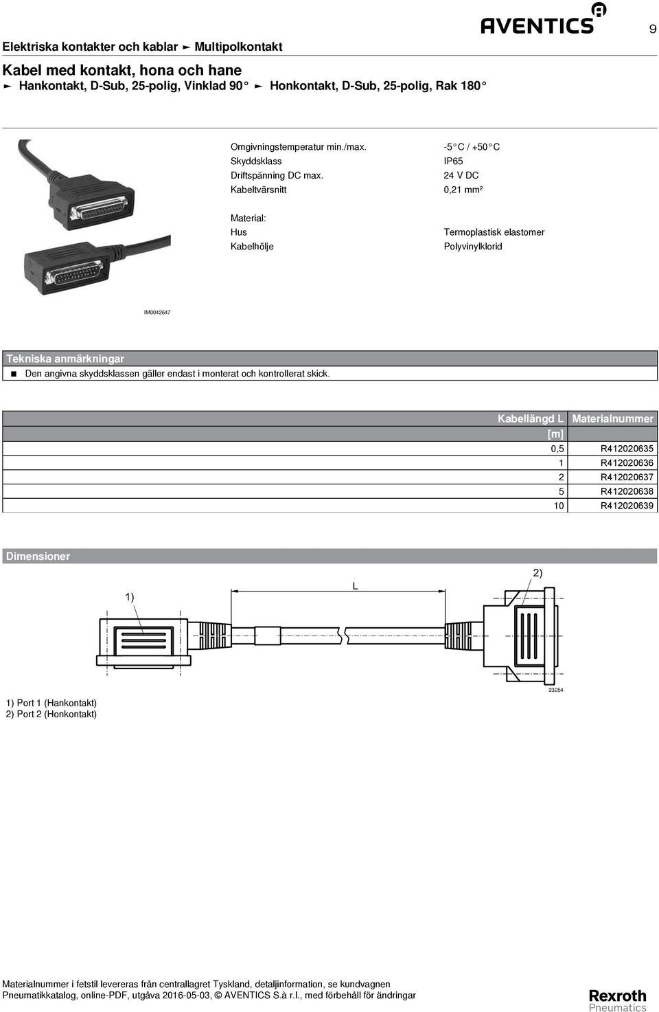 Kabeltvärsnitt -5 C / +50 C IP65 24 V DC 0,2 mm² Material: Hus Kabelhölje Termoplastisk elastomer Polyvinylklorid IM0042647 Tekniska anmärkningar Den