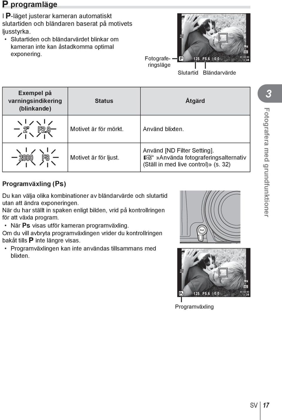 2000 F8 Programväxling (%) Motivet är för ljust. Du kan välja olika kombinationer av bländarvärde och slutartid utan att ändra exponeringen.
