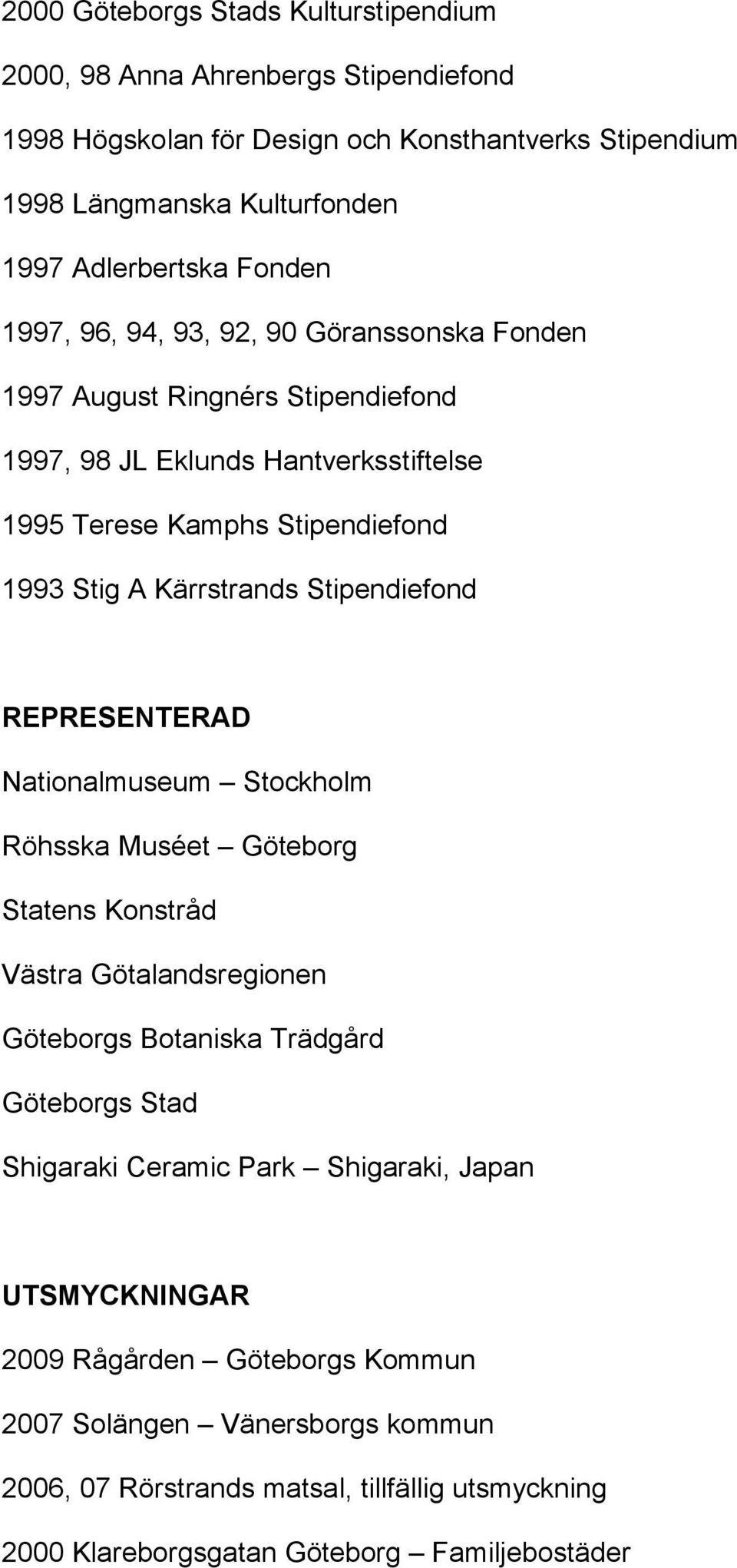 Stipendiefond REPRESENTERAD Nationalmuseum Stockholm Röhsska Muséet Göteborg Statens Konstråd Västra Götalandsregionen Göteborgs Botaniska Trädgård Göteborgs Stad Shigaraki Ceramic
