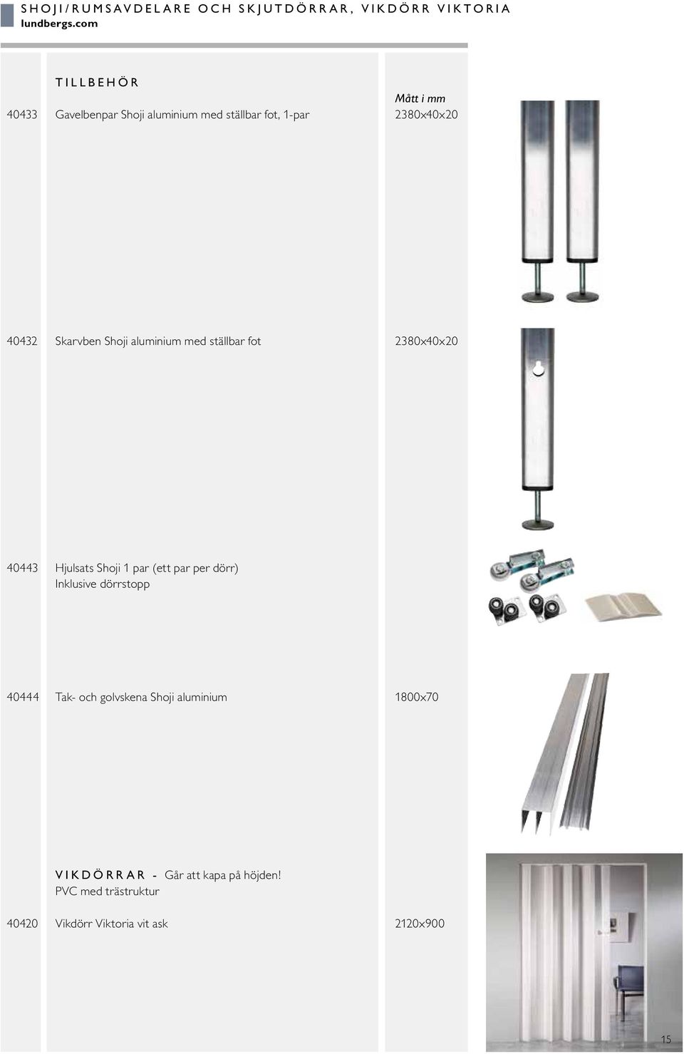 Skarvben Shoji aluminium med ställbar fot 2380x40x20 40443 Hjulsats Shoji 1 par (ett par per dörr)
