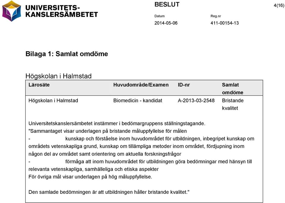 "Sammantaget visar underlagen på bristande måluppfyllelse för målen - kunskap och förståelse inom huvudområdet för utbildningen, inbegripet kunskap om områdets vetenskapliga grund, kunskap om