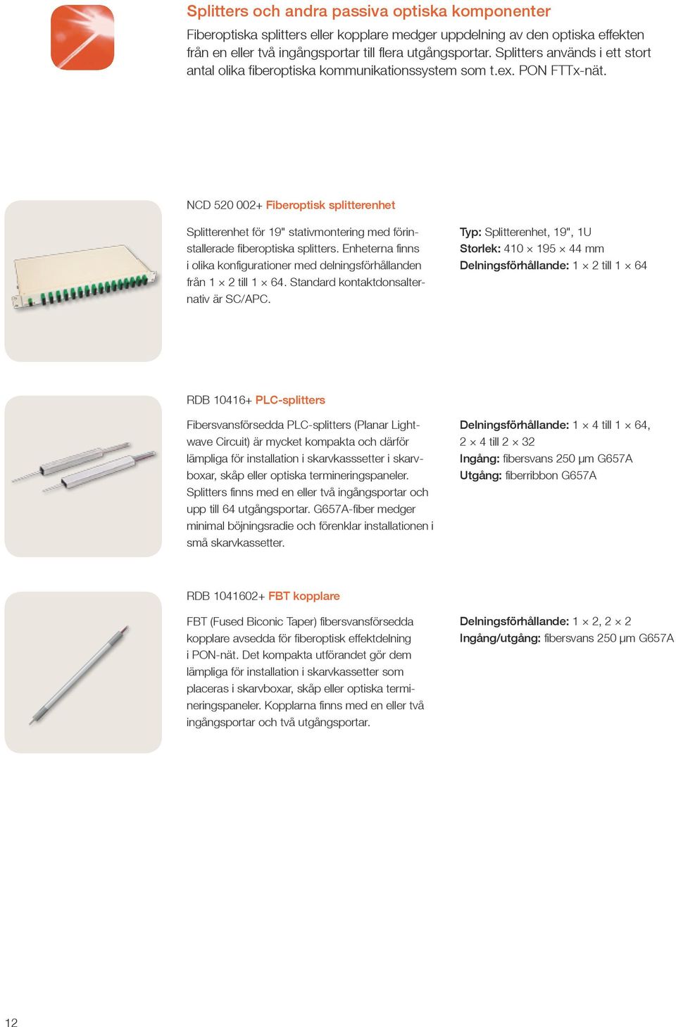 NCD 520 002+ Fiberoptisk splitterenhet Splitterenhet för 19" stativmontering med förinstallerade fiberoptiska splitters.