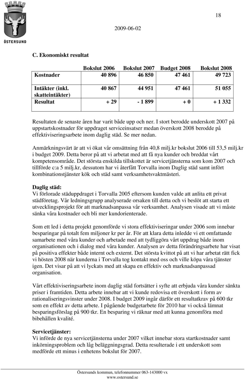 I stort berodde underskott 2007 på uppstartskostnader för uppdraget serviceinsatser medan överskott 2008 berodde på effektiviseringsarbete inom daglig städ. Se mer nedan.