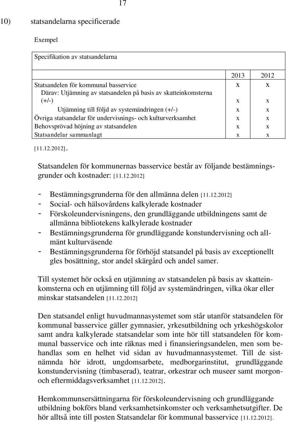 Statsandelen för kommunernas basservice består av följande bestämningsgrunder och kostnader: [11.12.