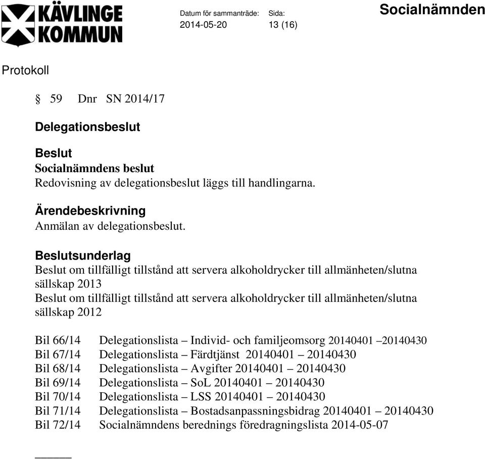 2012 Bil 66/14 Delegationslista Individ- och familjeomsorg 20140401 20140430 Bil 67/14 Delegationslista Färdtjänst 20140401 20140430 Bil 68/14 Delegationslista Avgifter 20140401 20140430