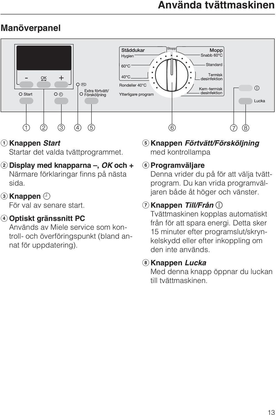 Knappen Förtvätt/Försköljning med kontrollampa Programväljare Denna vrider du på för att välja tvättprogram. Du kan vrida programväljaren både åt höger och vänster.