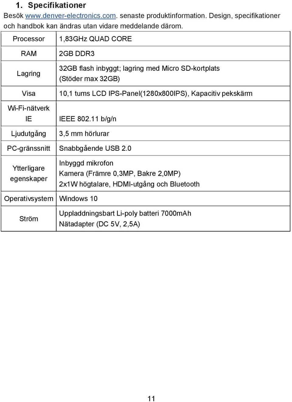 LCD IPS-Panel(1280x800IPS), Kapacitiv pekskärm IEEE 802.11 b/g/n 3,5 mm hörlurar PC-gränssnitt Snabbgående USB 2.