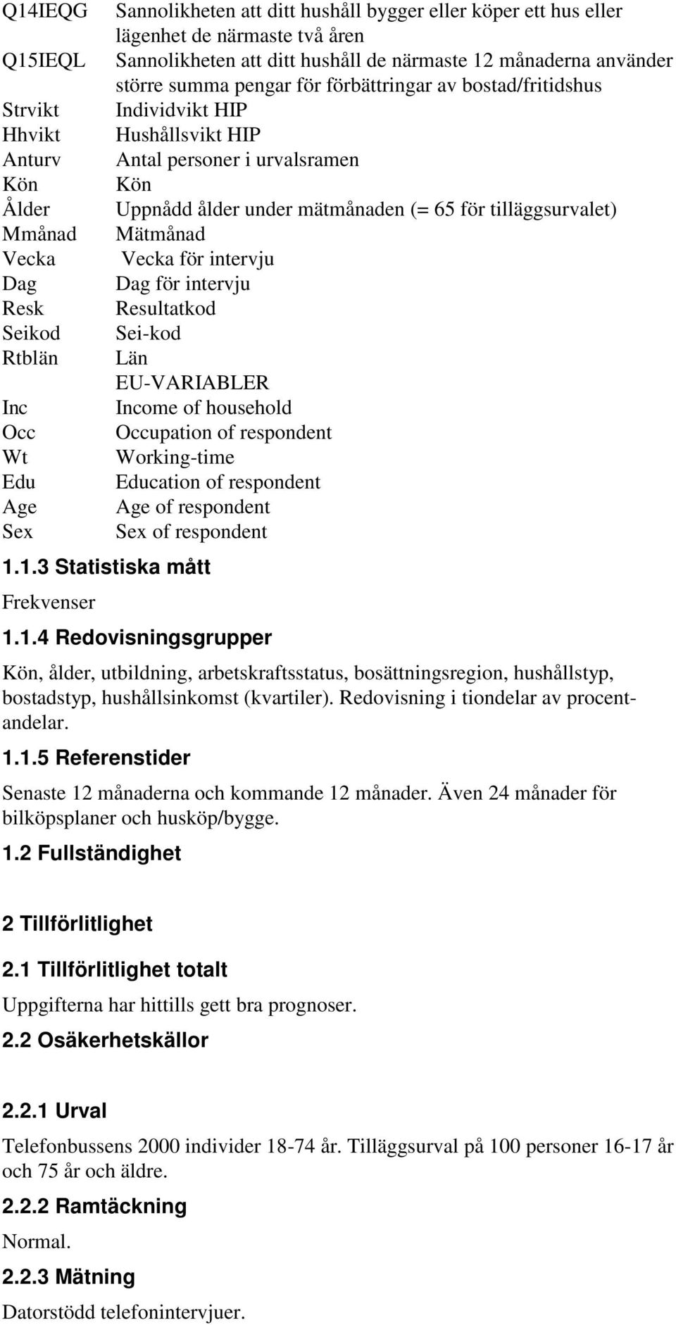 personer i urvalsramen Kön Uppnådd ålder under mätmånaden (= 65 för tilläggsurvalet) Mätmånad Vecka för intervju Dag för intervju Resultatkod Sei-kod Län EU-VARIABLER Income of household Occupation