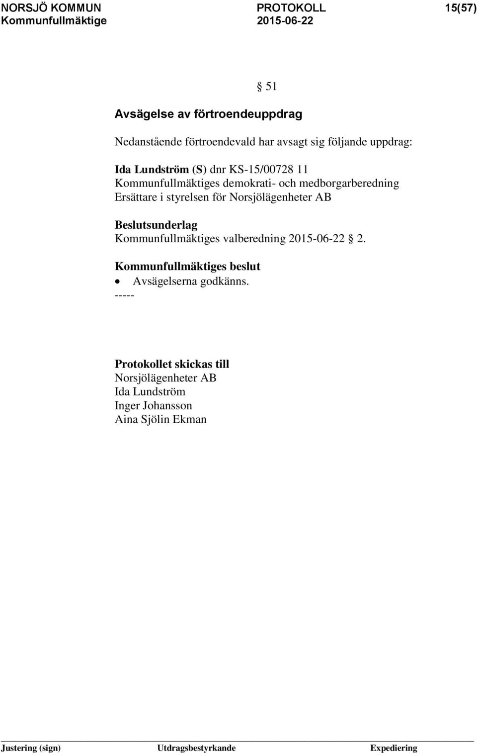 medborgarberedning Ersättare i styrelsen för Norsjölägenheter AB Kommunfullmäktiges valberedning