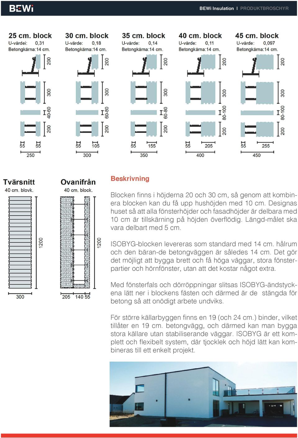 ISOBYG-blocken levereras som standard med 14 cm. hålrum och den bäran-de betongväggen är således 14 cm.