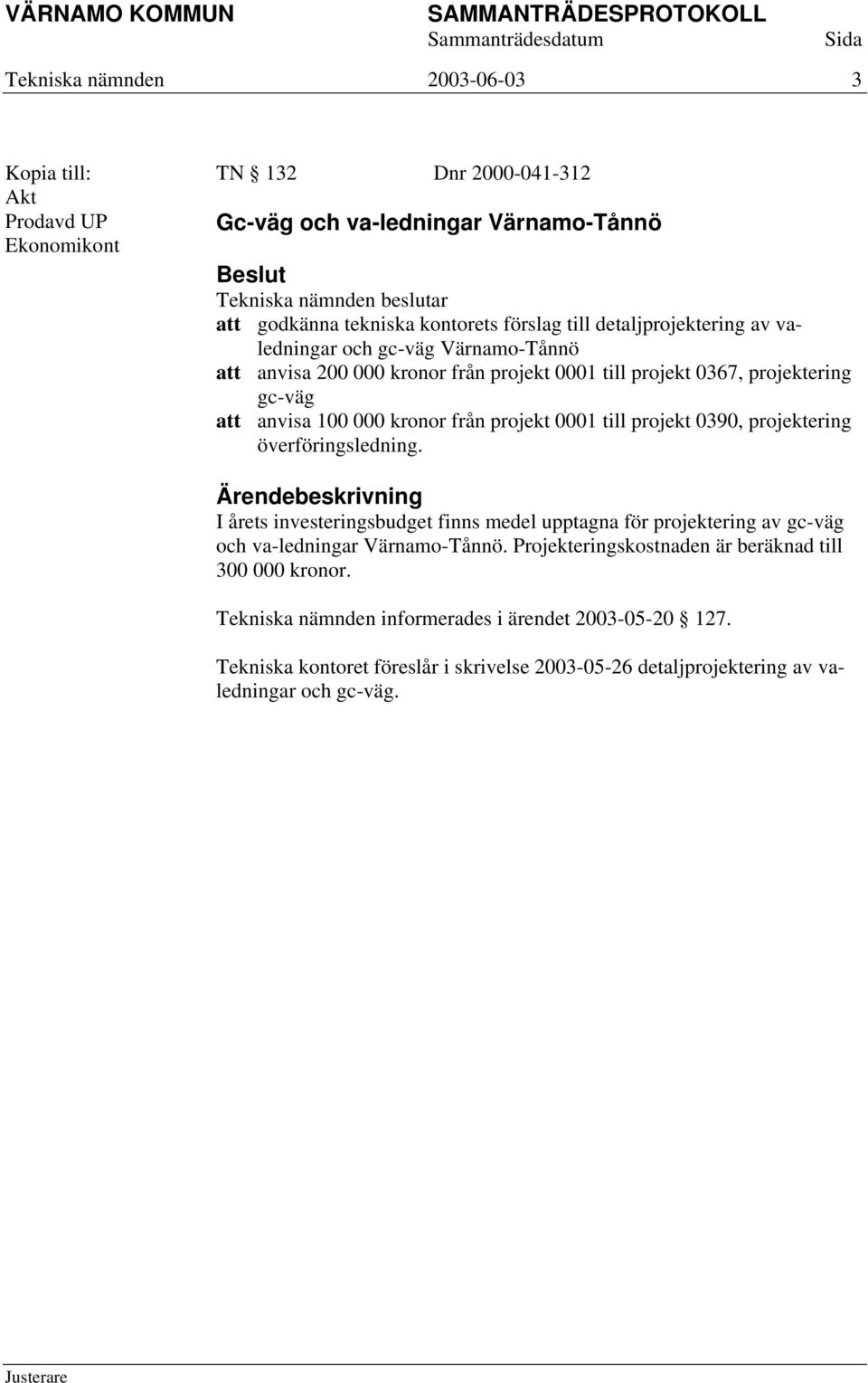 projekt 0001 till projekt 0390, projektering överföringsledning. I årets investeringsbudget finns medel upptagna för projektering av gc-väg och va-ledningar Värnamo-Tånnö.