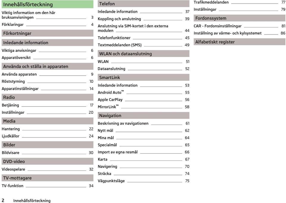 TV-funktion 34 Telefon Inledande information 37 Koppling och anslutning 39 Anslutning via SIM-kortet i den externa modulen 44 Telefonfunktioner 45 Textmeddelanden (SMS) 49 WLAN och dataanslutning