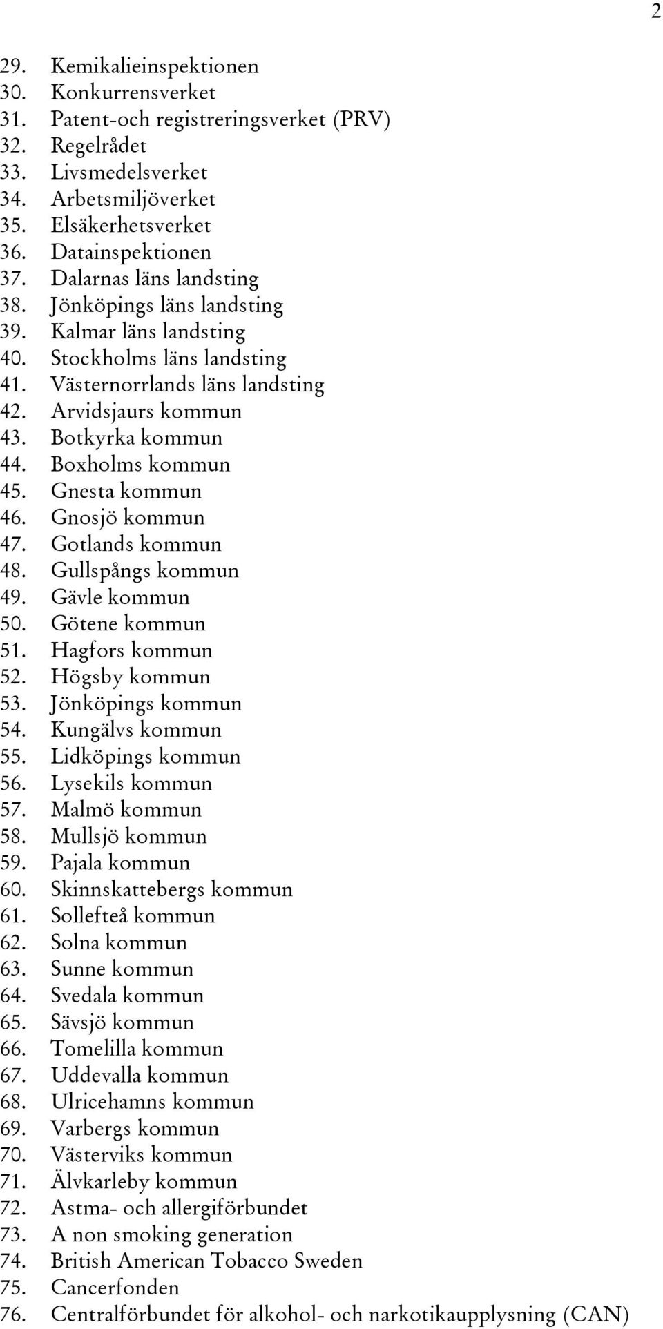 Boxholms kommun 45. Gnesta kommun 46. Gnosjö kommun 47. Gotlands kommun 48. Gullspångs kommun 49. Gävle kommun 50. Götene kommun 51. Hagfors kommun 52. Högsby kommun 53. Jönköpings kommun 54.