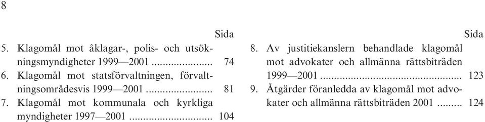 Klagomål mot kommunala och kyrkliga myndigheter 1997 2001... 104 Sida 8.