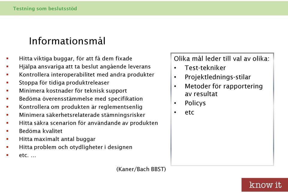 Minimera säkerhetsrelaterade stämningsrisker Hitta säkra scenarion för användande av produkten Bedöma kvalitet Hitta maximalt antal buggar Hitta problem och