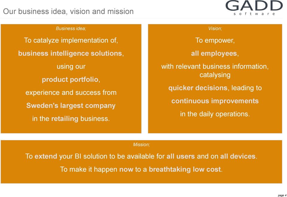 Vision; To empower, all employees, with relevant business information, catalysing quicker decisions, leading to continuous