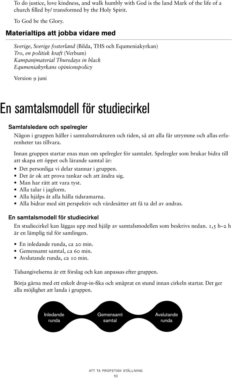 9 juni En samtalsmodell för studiecirkel Samtalsledare och spelregler Någon i gruppen håller i samtalsstrukturen och tiden, så att alla får utrymme och allas erfarenheter tas tillvara.