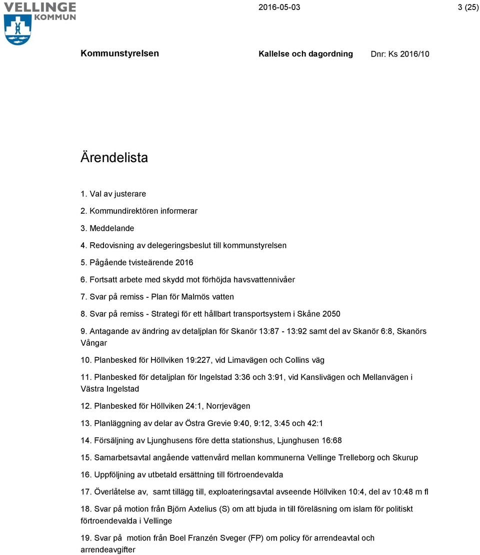 Antagande av ändring av detaljplan för Skanör 13:87-13:92 samt del av Skanör 6:8, Skanörs Vångar 10. Planbesked för Höllviken 19:227, vid Limavägen och Collins väg 11.