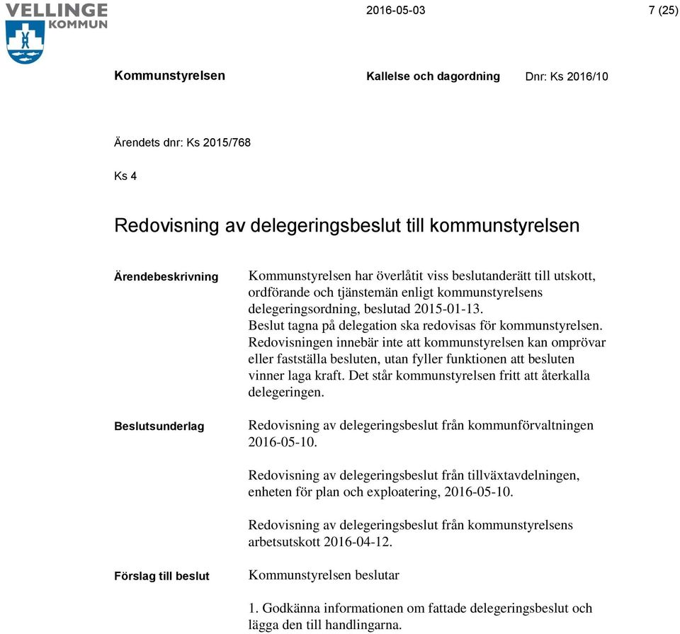 Redovisningen innebär inte att kommunstyrelsen kan omprövar eller fastställa besluten, utan fyller funktionen att besluten vinner laga kraft. Det står kommunstyrelsen fritt att återkalla delegeringen.