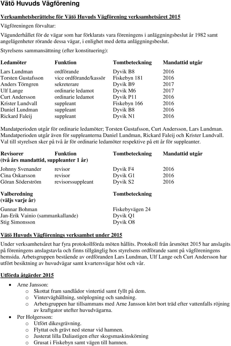 Styrelsens sammansättning (efter konstituering): Ledamöter Funktion Tomtbeteckning Mandattid utgår Lars Lundman ordförande Dyvik B8 2016 Torsten Gustafsson vice ordförande/kassör Fiskebyn 181 2016