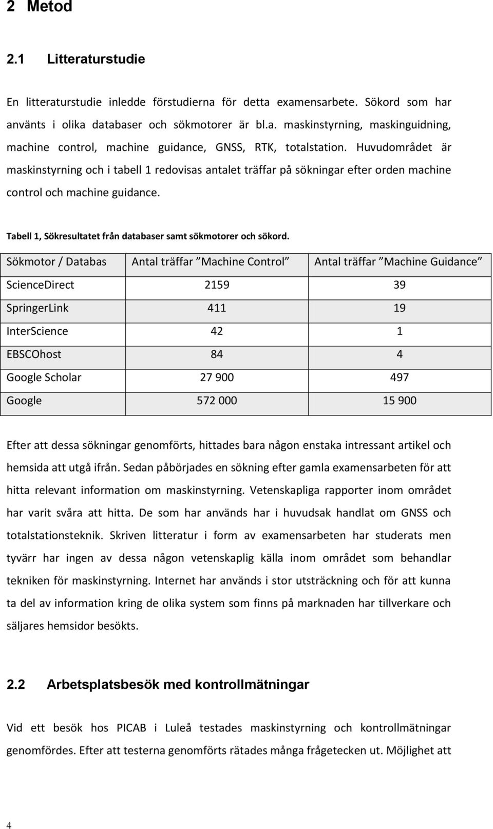 Tabell 1, Sökresultatet från databaser samt sökmotorer och sökord.