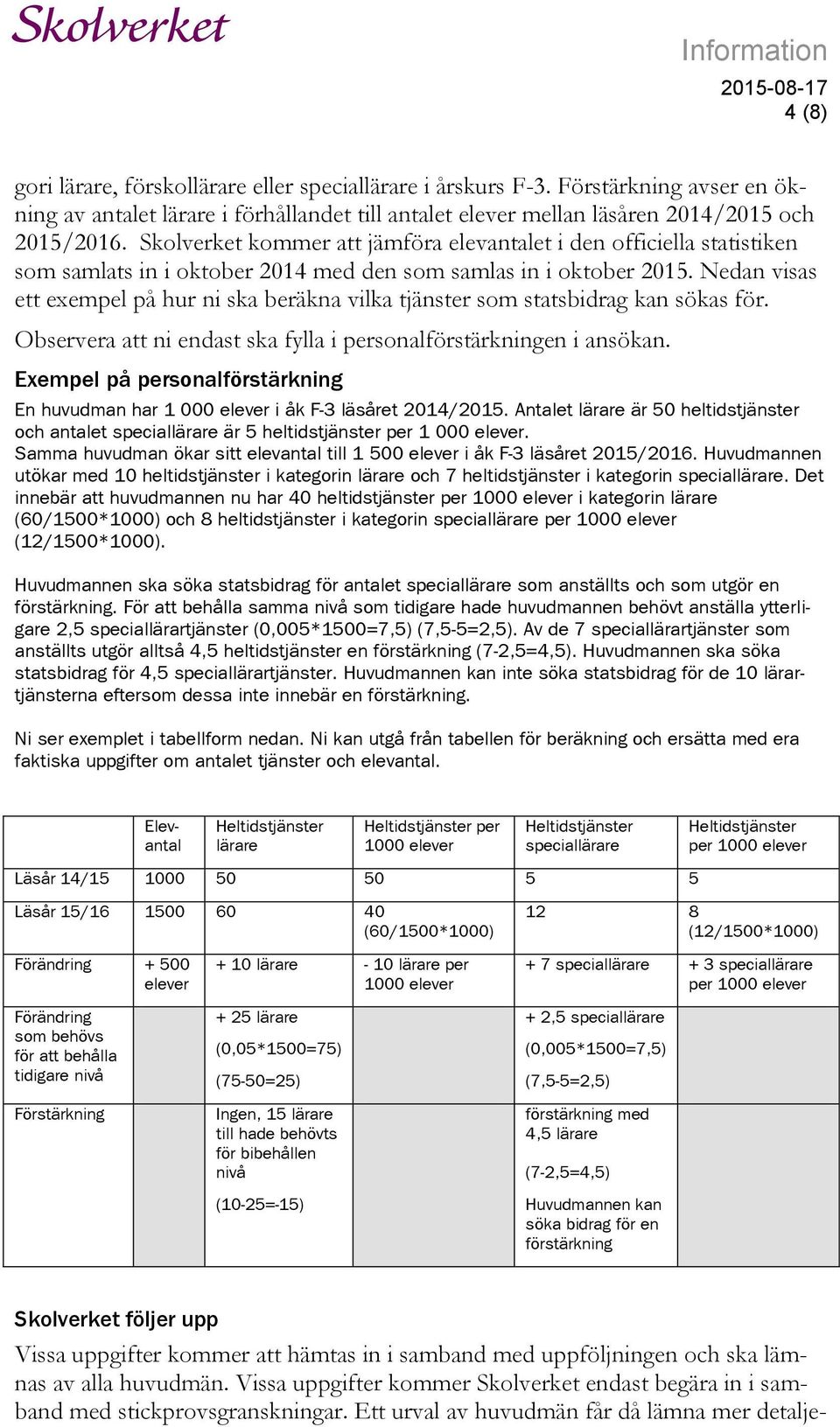 Nedan visas ett exempel på hur ni ska beräkna vilka tjänster som statsbidrag kan sökas för. Observera att ni endast ska fylla i sonalförstärkningen i ansökan.