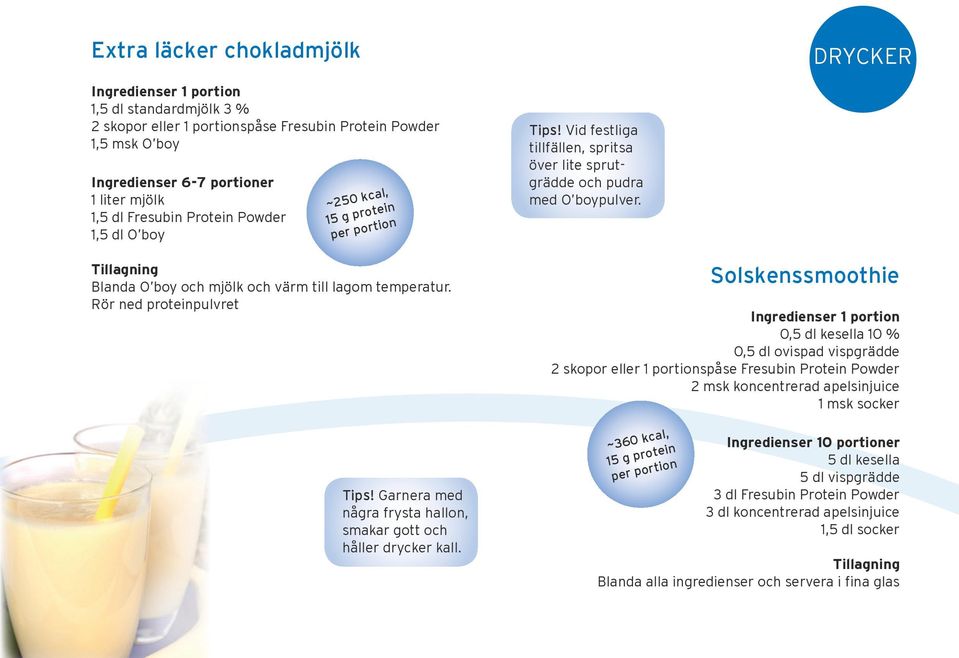 Solskenssmoothie 0,5 dl kesella 10 % 0,5 dl ovispad vispgrädde 2 msk koncentrerad apelsinjuice 1 msk socker ~360 kcal, 15 g protein Ingredienser 10 portioner 5 dl kesella 5 dl