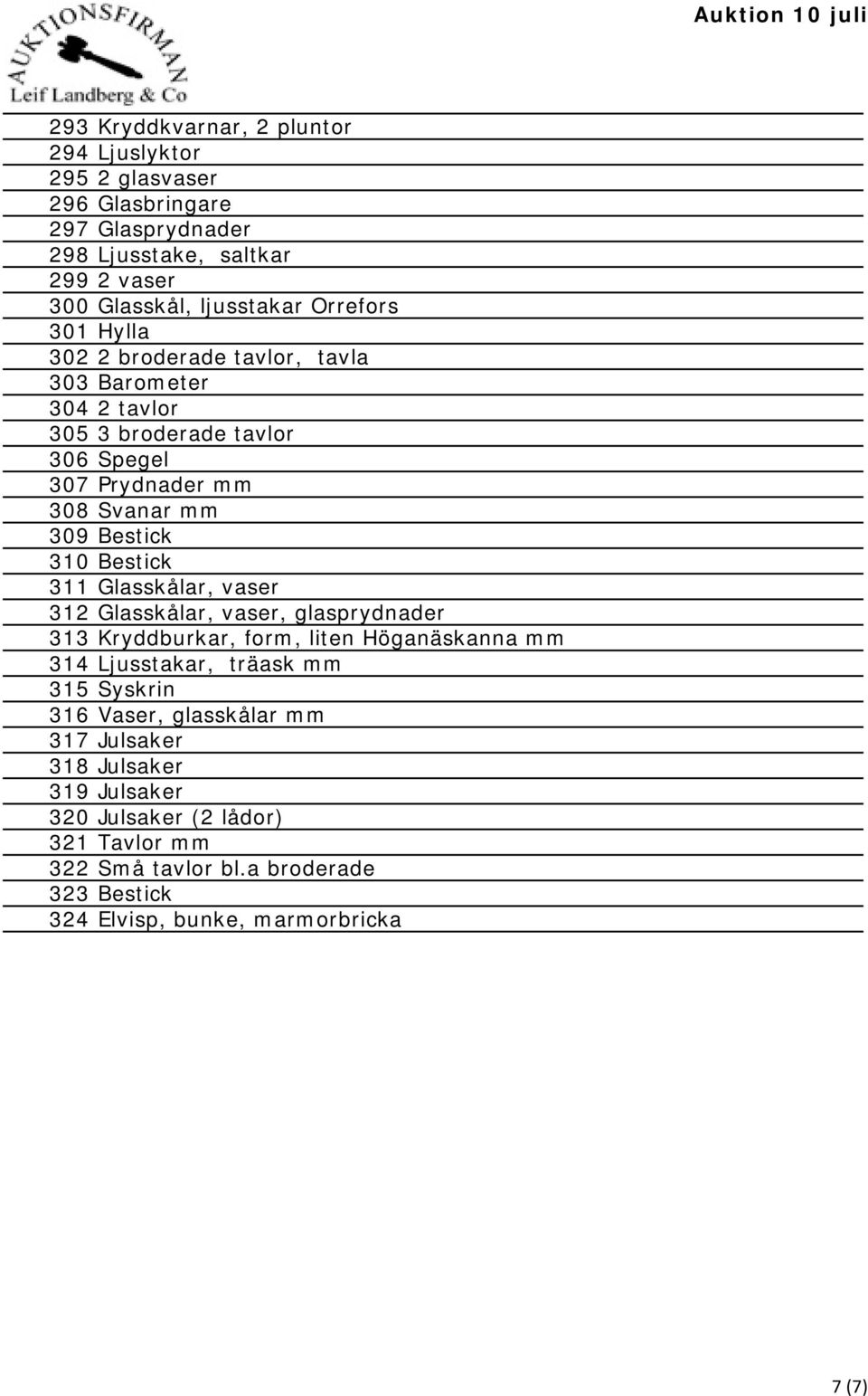 Bestick 311 Glasskålar, vaser 312 Glasskålar, vaser, glasprydnader 313 Kryddburkar, form, liten Höganäskanna mm 314 Ljusstakar, träask mm 315 Syskrin 316 Vaser,