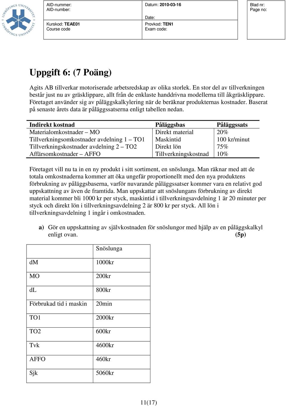 Företaget använder sig av påläggskalkylering när de beräknar produkternas kostnader. Baserat på senaste årets data är påläggssatserna enligt tabellen nedan.