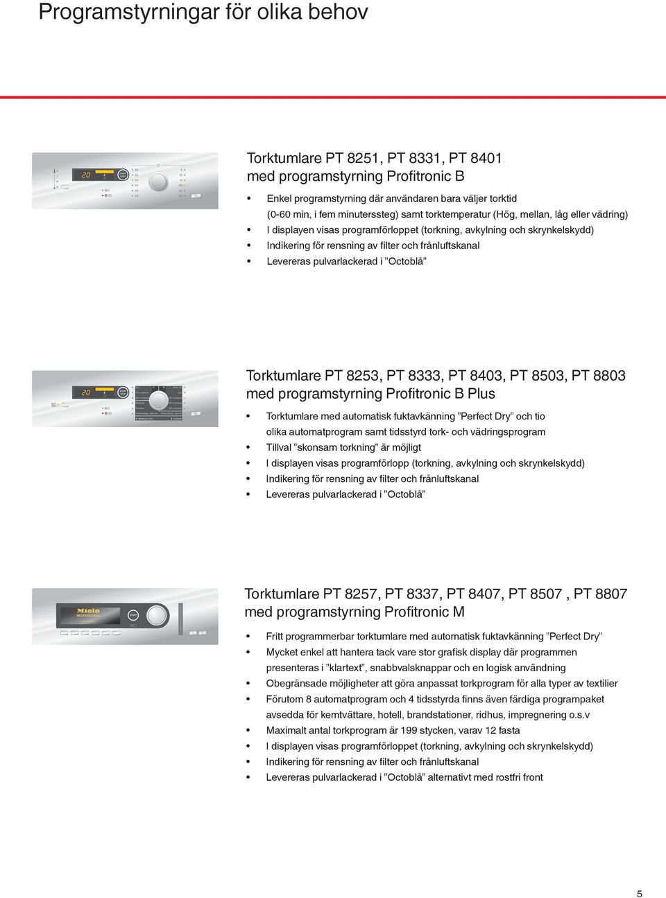 pulvarlackerad i Octoblå Torktumlare PT 8253, PT 8333, PT 8403, PT 8503, PT 8803 med programstyrning Profitronic B Plus Torktumlare med automatisk fuktavkänning Perfect Dry och tio olika