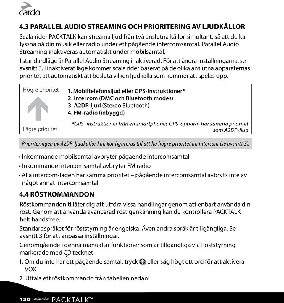 I inaktiverat läge kommer scala rider baserat på de olika anslutna apparaternas prioritet att automatiskt att besluta vilken ljudkälla som kommer att spelas upp. Högre prioritet Lägre prioritet 1.