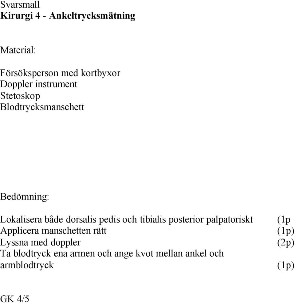 pedis och tibialis posterior palpatoriskt (1p Applicera manschetten rätt (1p) Lyssna