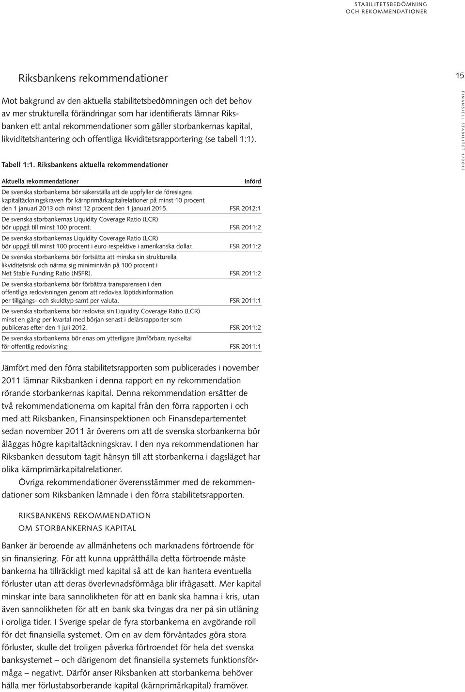 Riksbankens aktuella rekommendationer FINANSIELL STABILITET 1/2 Aktuella rekommendationer Införd De svenska storbankerna bör säkerställa att de uppfyller de föreslagna kapitaltäckningskraven för