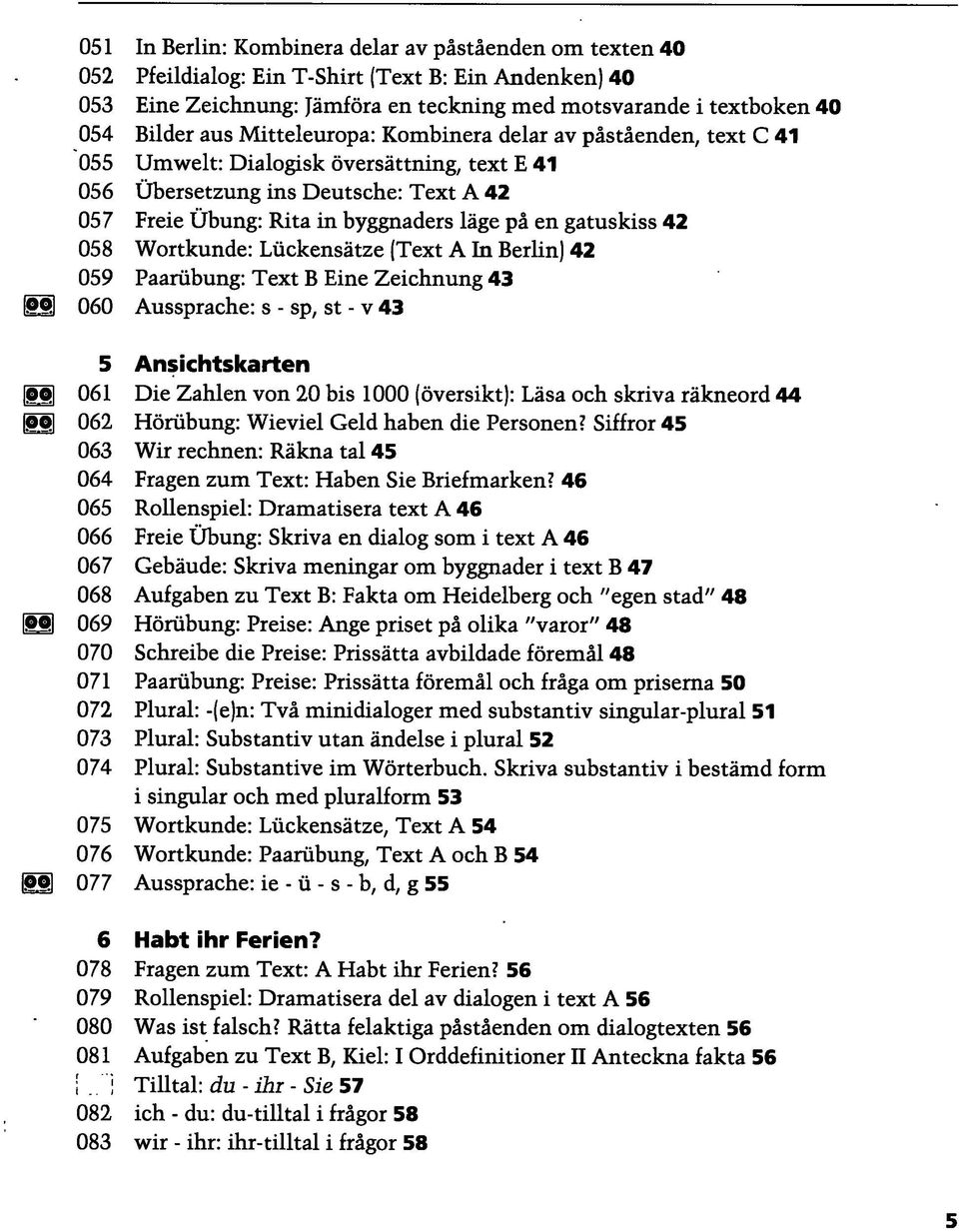 Mitteleuropa: Kombinera delar av pästäenden, text C 41 Umwelt: Dialogisk översättning, text E 41 Übersetzung ins Deutsche: Text A 42 Freie Übung: Rita in byggnaders läge pä en gatuskiss 42 Wortkunde: