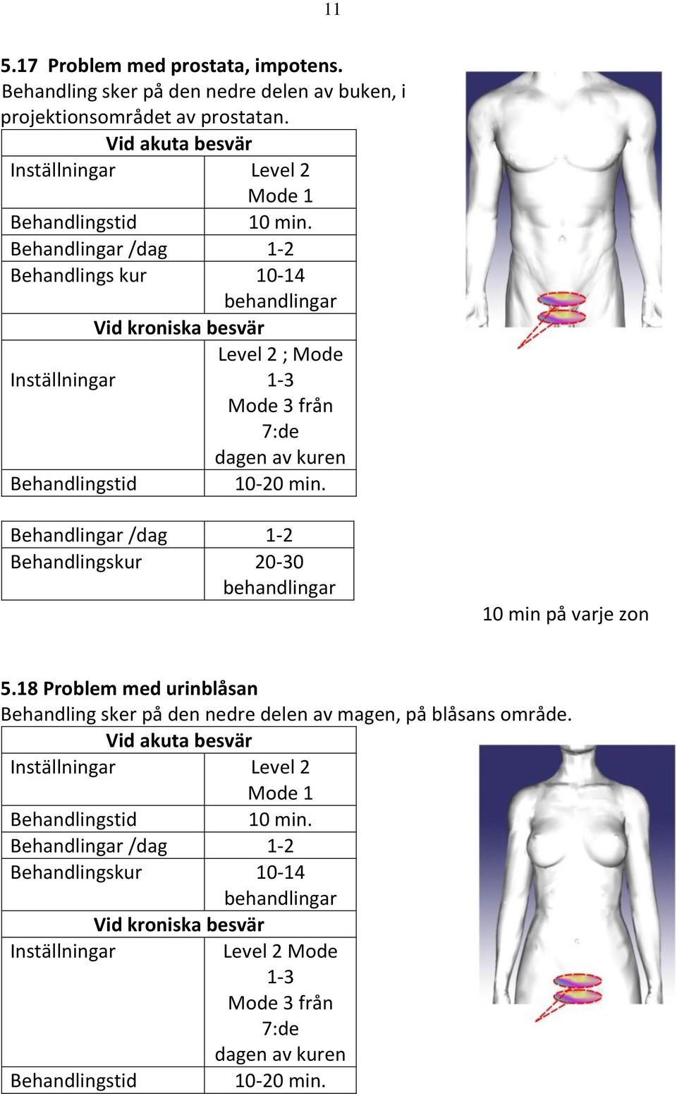 Behandlings kur 10-14 Vid kroniska besvär Level 2 ; Mode Inställningar 1-3 Mode 3 från 7:de dagen av kuren 10- Behandlingskur