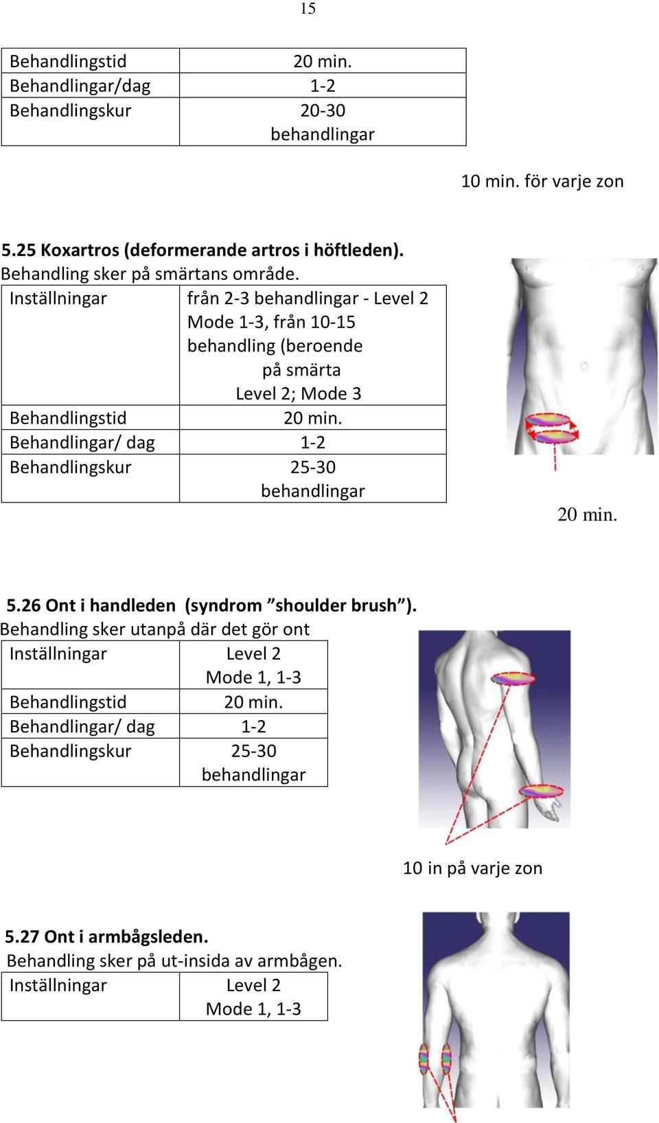 Inställningar från 2-3 - Level 2-3, från 10-15 behandling (beroende på smärta Level 2; Mode 3 Behandlingar/ dag 1-2