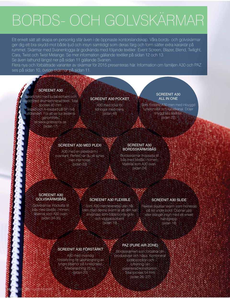 Skärmar med Svanenlogga är godkända med följande textilier: Event Screen, Blazer, Blend, Twilight, Cara, Twist och Twist Melange. Se mer information gällande textilier på sidan 12 och 13.