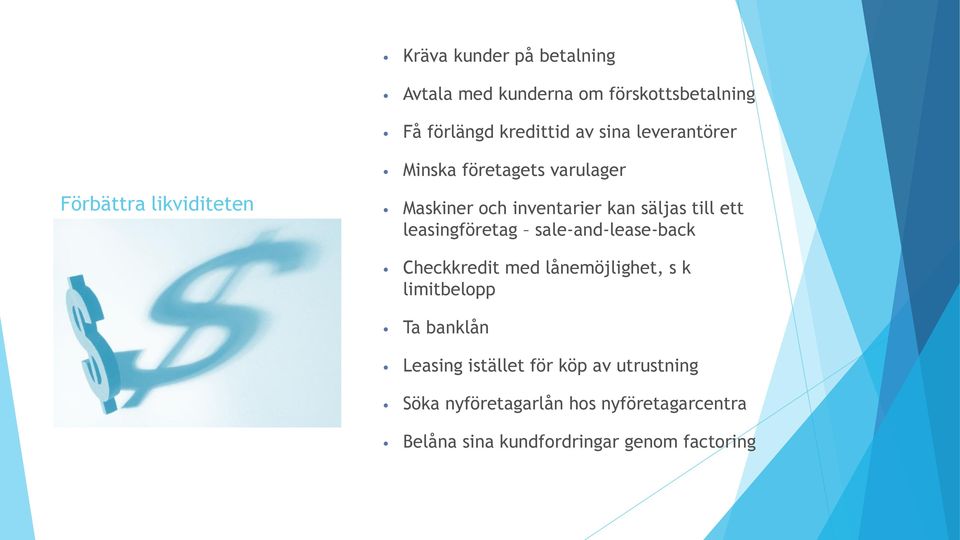 ett leasingföretag sale-and-lease-back Checkkredit med lånemöjlighet, s k limitbelopp Ta banklån Leasing