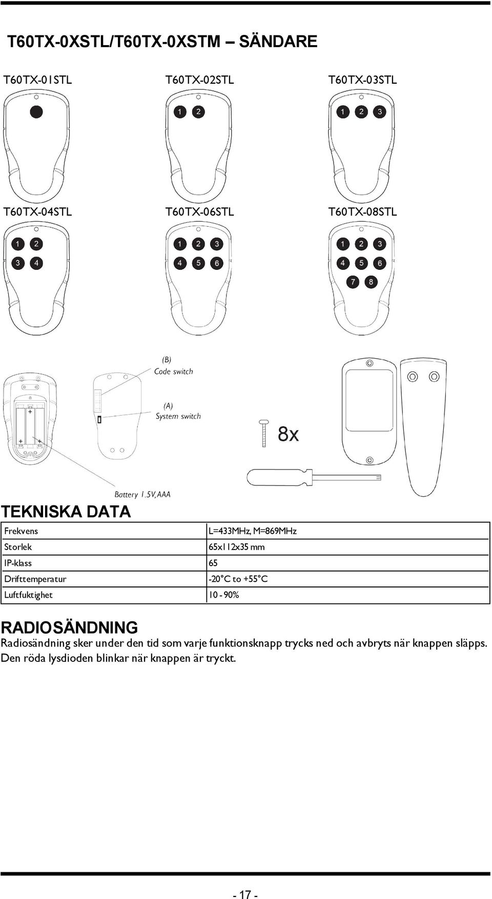 M=869MHz 65x112x35 mm -20 C to +55 C Luftfuktighet 10-90% RADIOSÄNDNING Radiosändning sker under den tid som