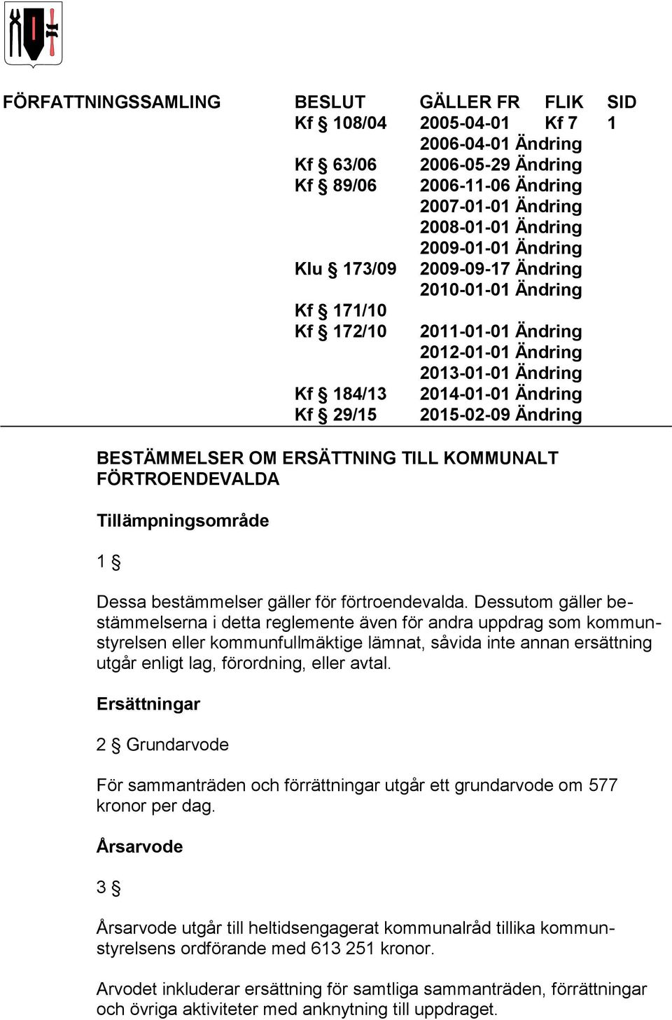 BESTÄMMELSER OM ERSÄTTNING TILL KOMMUNALT FÖRTROENDEVALDA Tillämpningsområde 1 Dessa bestämmelser gäller för förtroendevalda.