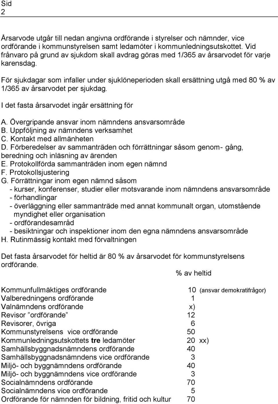 För sjukdagar som infaller under sjuklöneperioden skall ersättning utgå med 80 % av 1/365 av årsarvodet per sjukdag. I det fasta årsarvodet ingår ersättning för A.