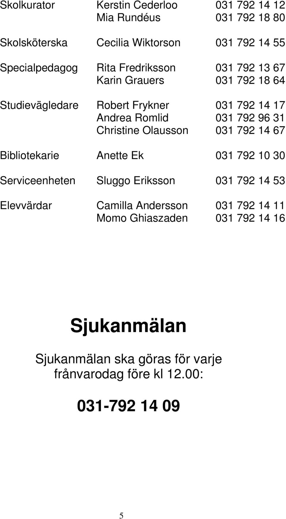 031 792 96 31 031 792 14 67 Bibliotekarie Anette Ek 031 792 10 30 Serviceenheten Elevvärdar Sluggo Eriksson Camilla Andersson Momo