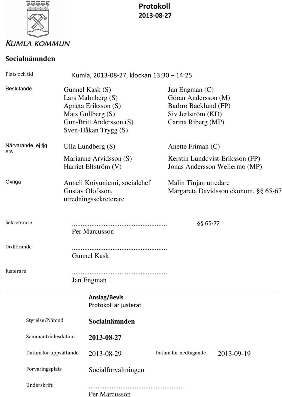 (C) Kerstin Lundqvist-Eriksson (FP) Jonas Andersson Wellermo (MP) Övriga Anneli Koivuniemi, socialchef Malin Tinjan utredare Gustav Olofsson, Margareta Davidsson ekonom, 65-67 utredningssekreterare