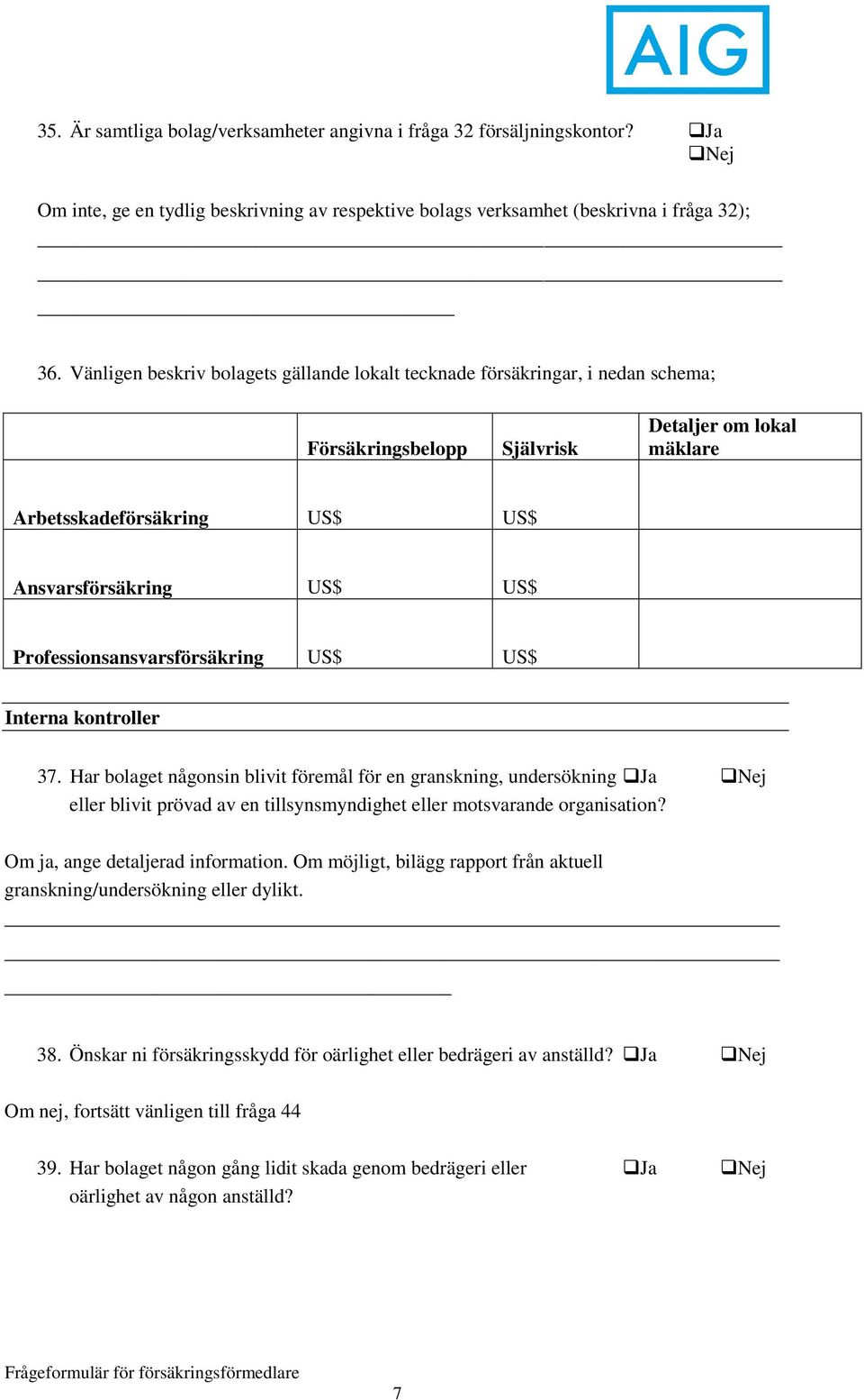 Professionsansvarsförsäkring US$ US$ Interna kontroller 37.