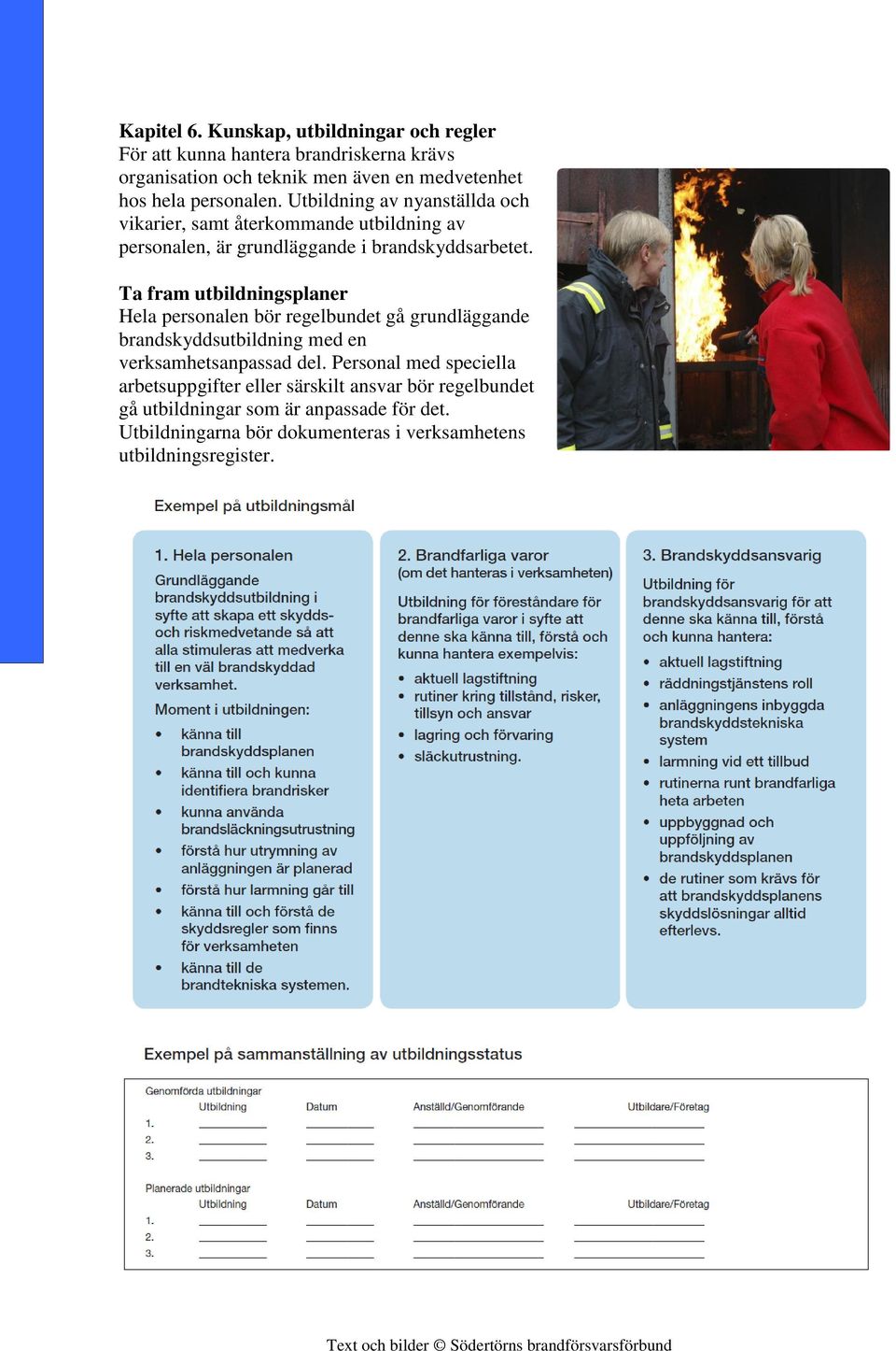 Utbildning av nyanställda och vikarier, samt återkommande utbildning av personalen, är grundläggande i brandskyddsarbetet.