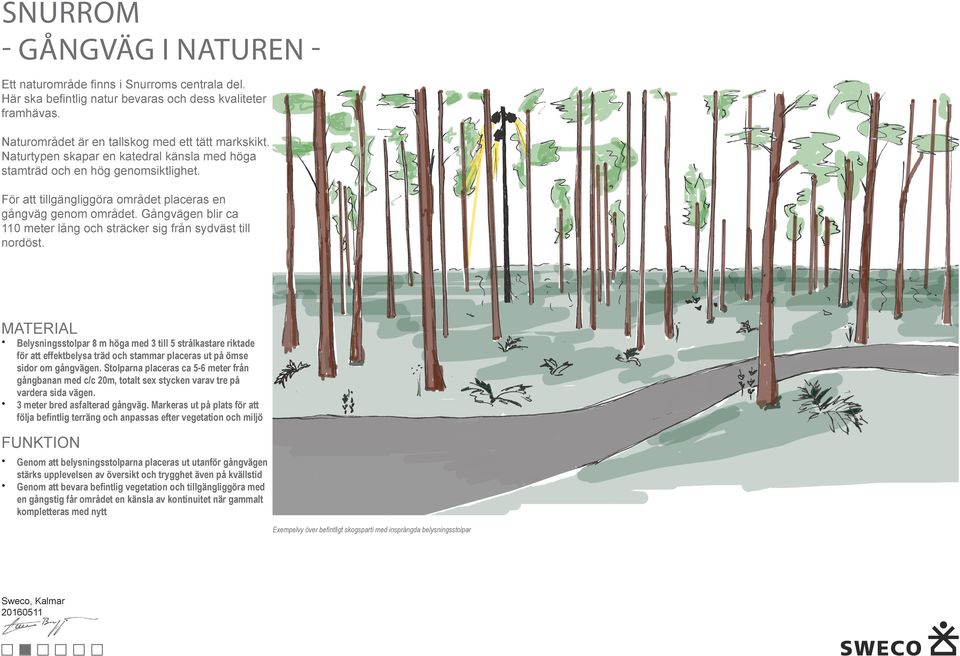 Gångvägen blir ca 110 meter lång och sträcker sig från sydväst till nordöst.