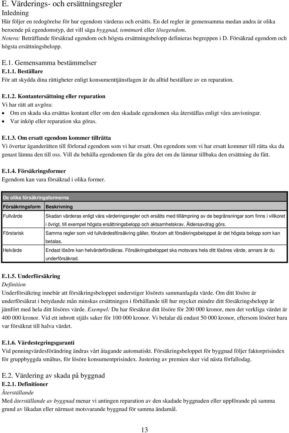 Notera: Beträffande försäkrad egendom och högsta ersättningsbelopp definieras begreppen i D. Försäkrad egendom och högsta ersättningsbelopp. E.1.