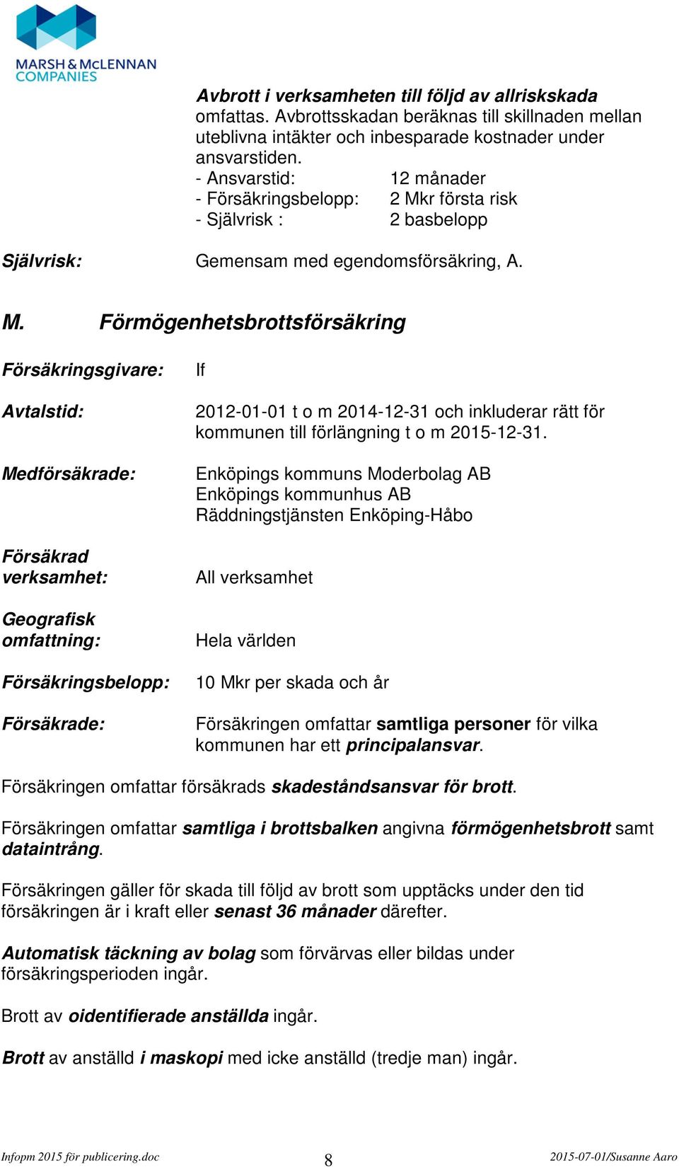 r första risk - Självrisk : 2 basbelopp Gemensam med egendomsförsäkring, A. M.